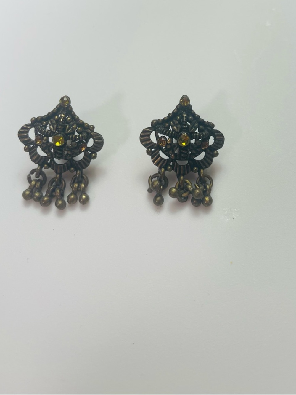 Antique-Style Dangle Earrings in Antique Brass with Yellow Accent